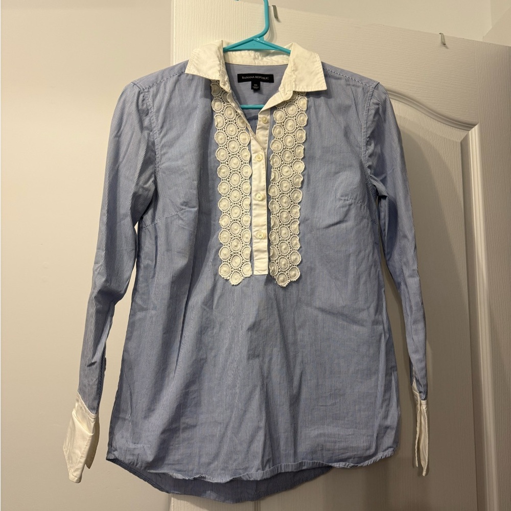 Blue and White Long Sleeve Blouse